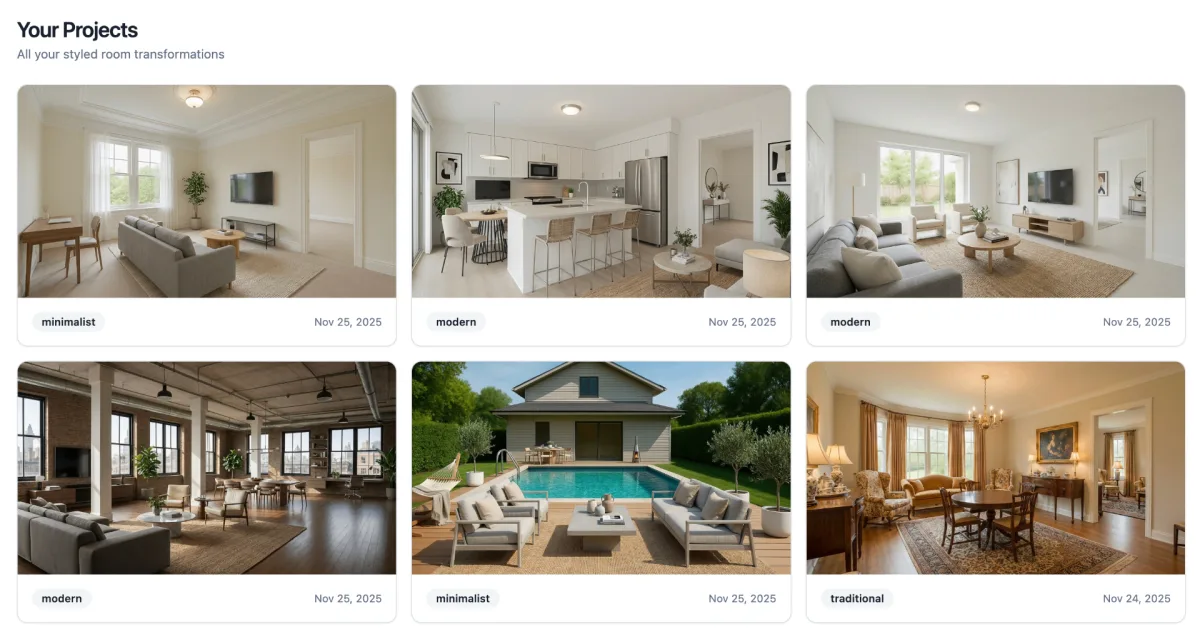Style Smarter dashboard listing previously styled room projects