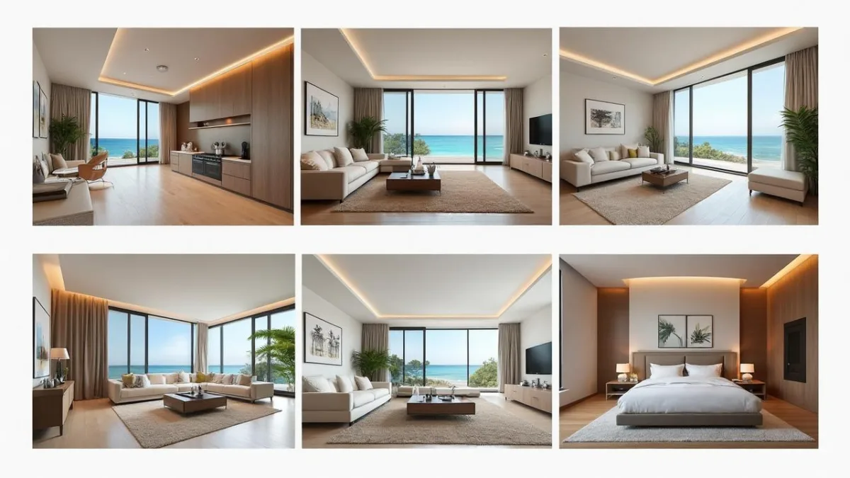 The same room shown in several different design styles