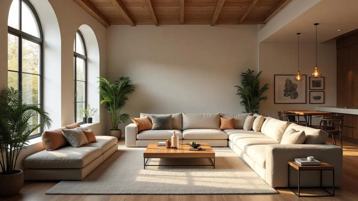 Living room styled with sofa, rug and artwork